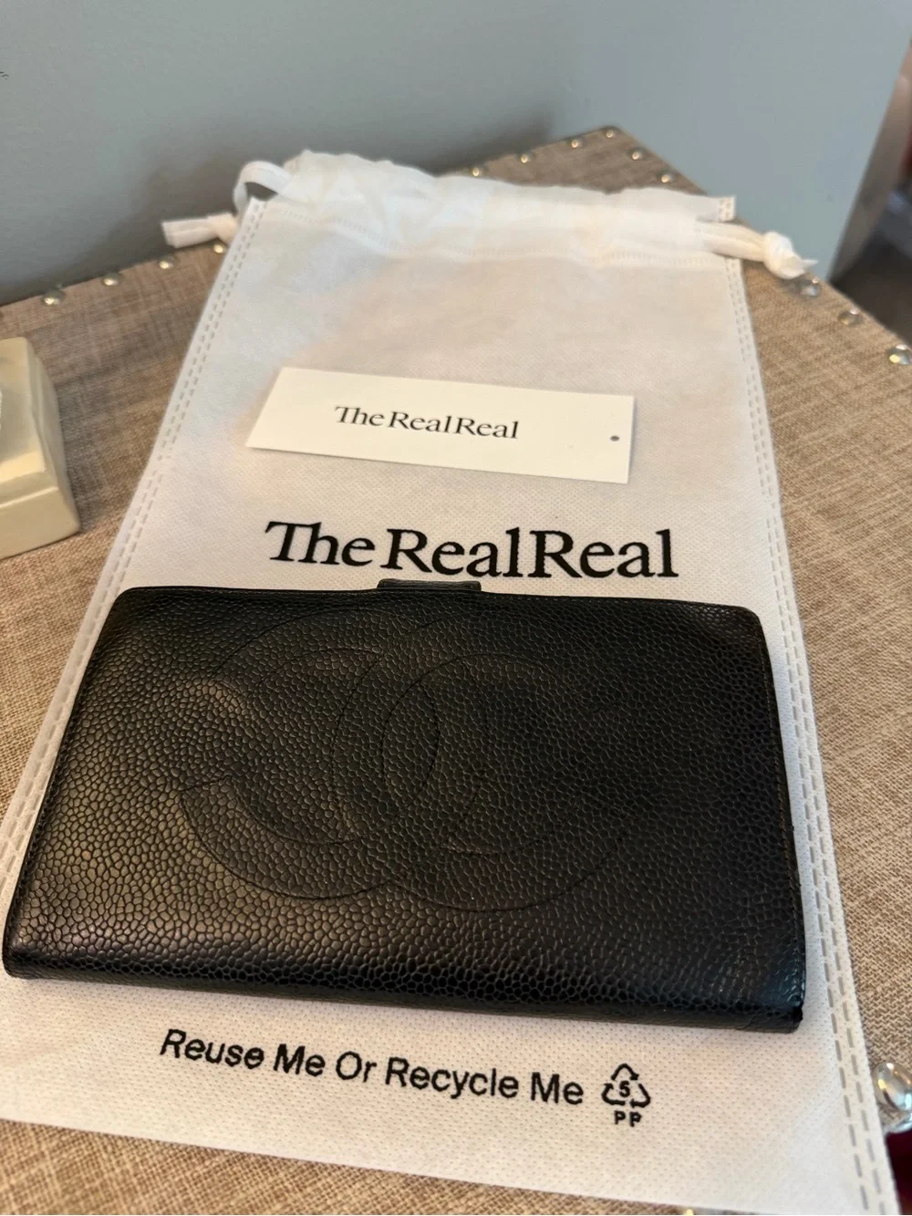 CHANEL EUC Black Quilted Caviar Leather Long Wallet with CC Motif